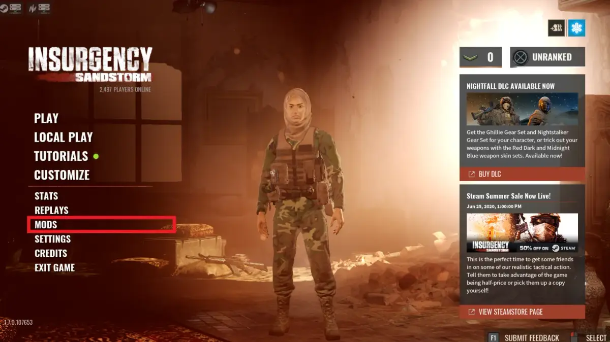 Widok ekranu tytułowego gry Insurgency: Sandstorm, pokazujący opcje modów