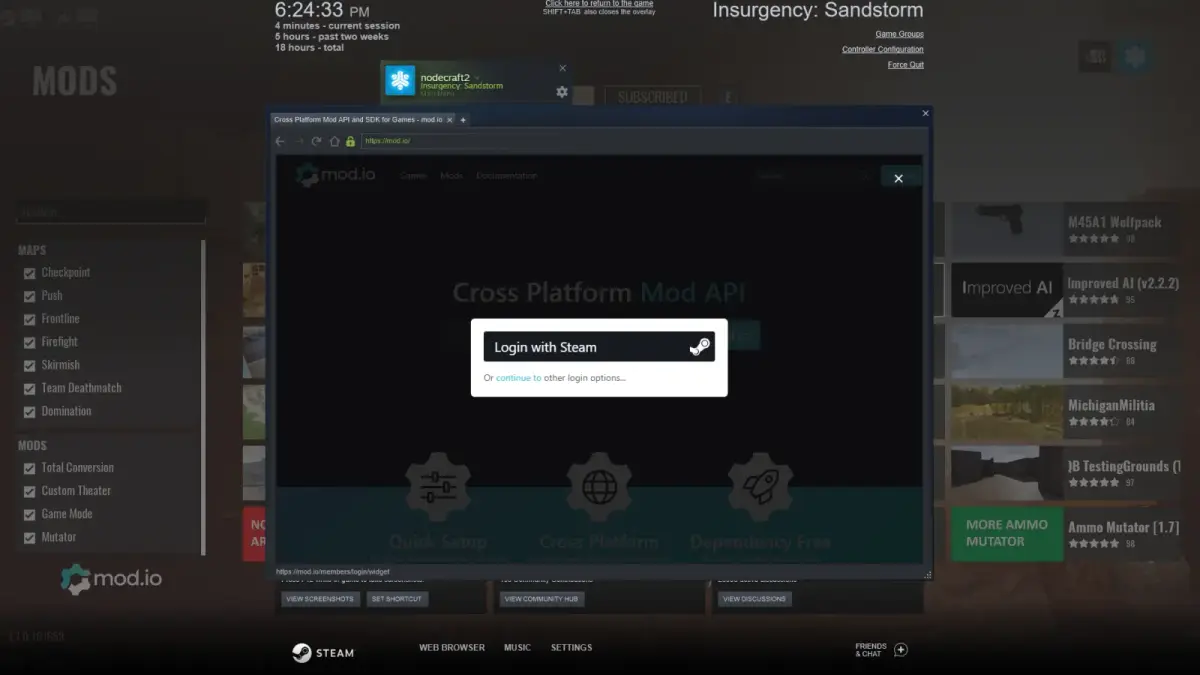Widok logowania z opcją Steam na ekranie Mod.io w kliencie Insurgency: Sandstorm.