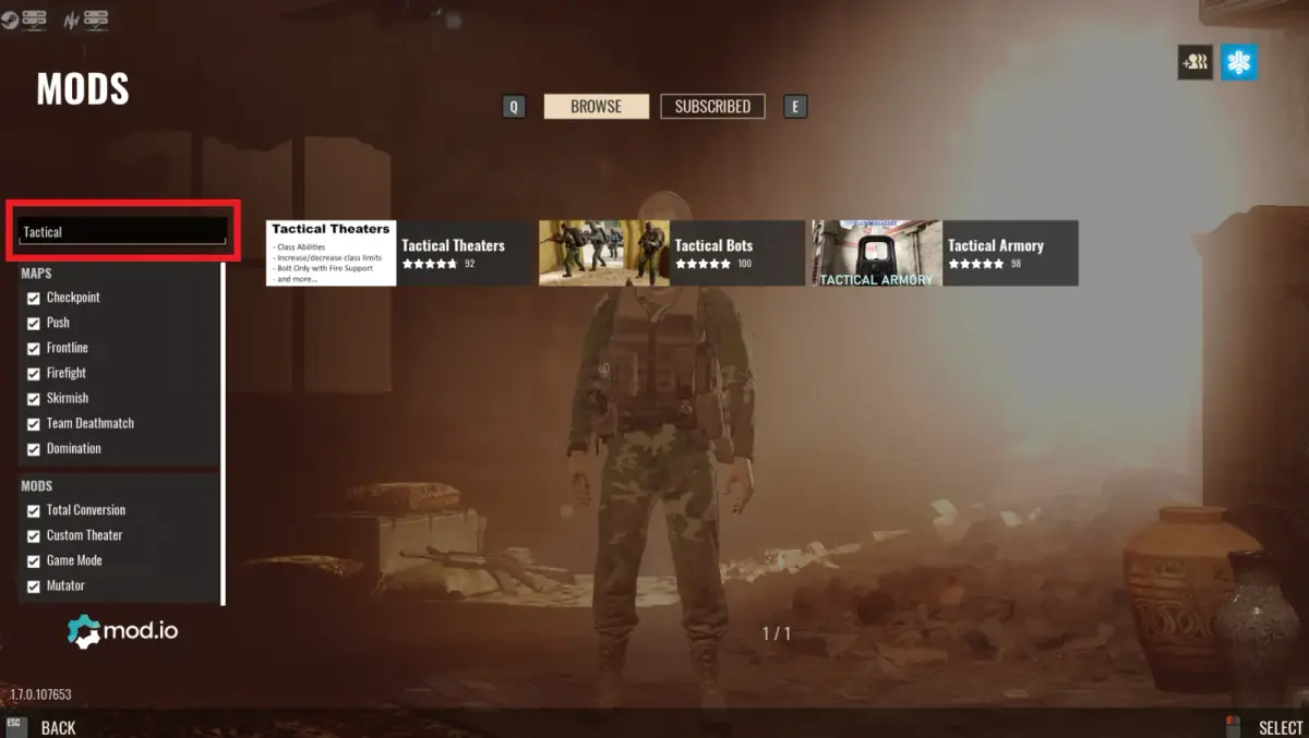 Widok modów do Insurgency: Sandstorm, pokazujący pasek wyszukiwania.